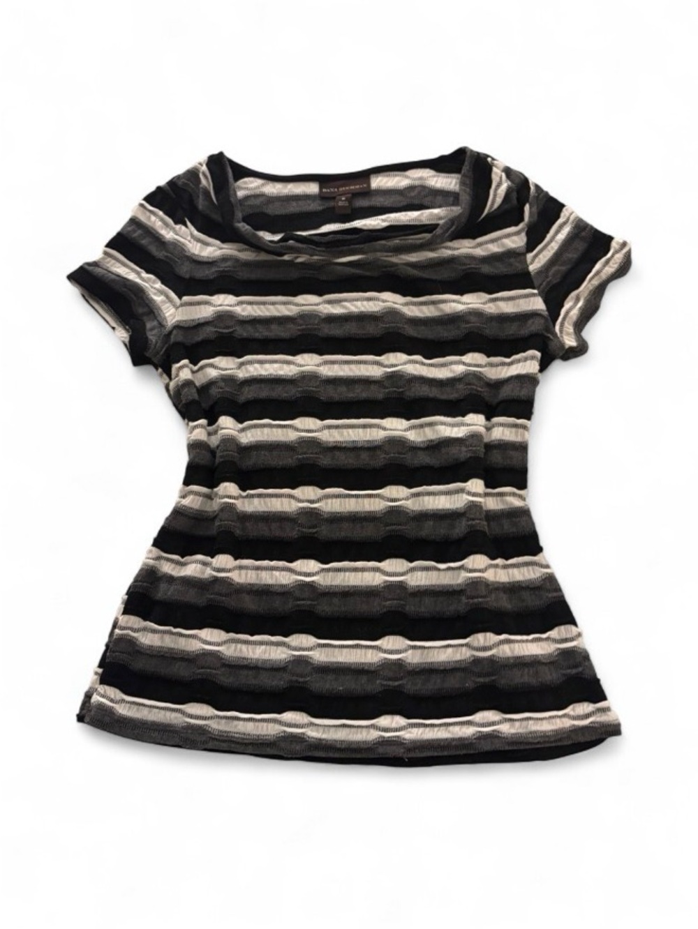 Dana Buchman Boat Neck Black, Gray, & White Striped Short Sleeve Knit Top